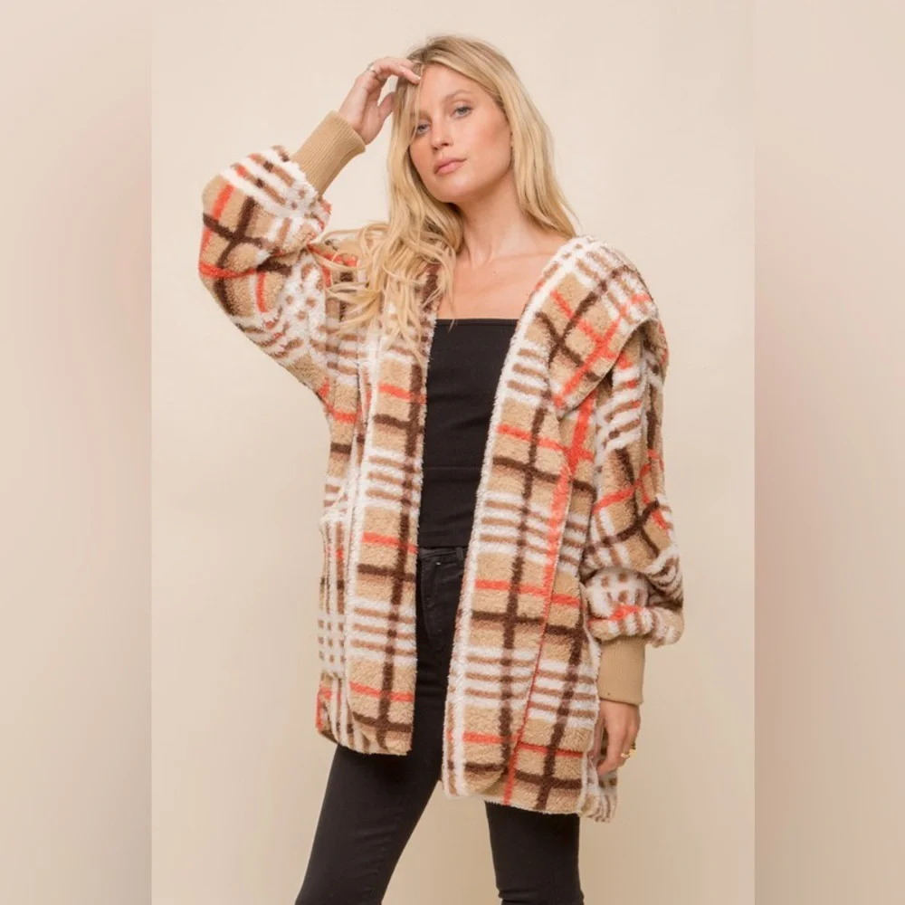 522. Last 1! Orange/Tan Boho Cozy Hood Chunky Soft  Sherpa Fleece Teddy jacket - Picture 3 of 5